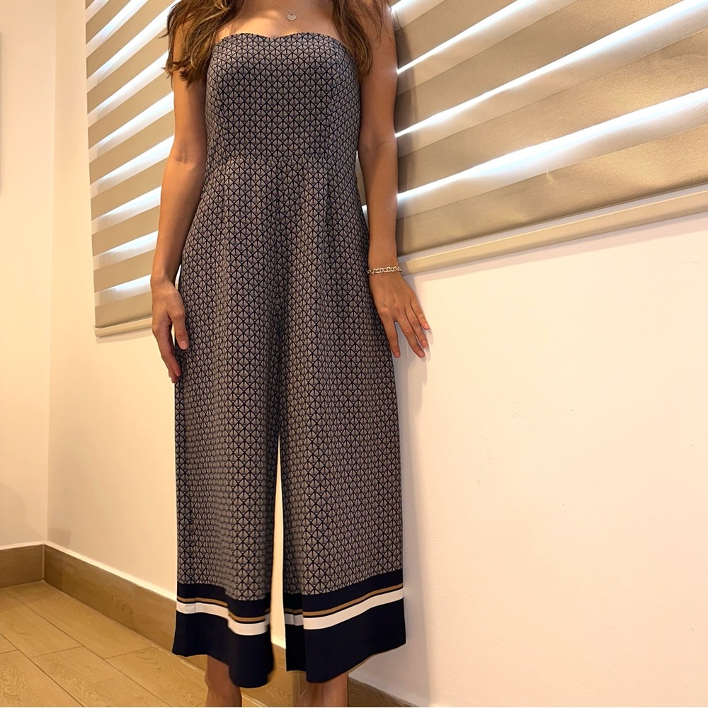 Beautiful strapless blue patterned jumpsuit!!